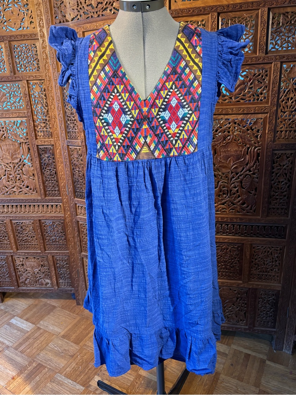 THML Cobalt Blue Midi Dress with Multicolor Embroidered Bodice